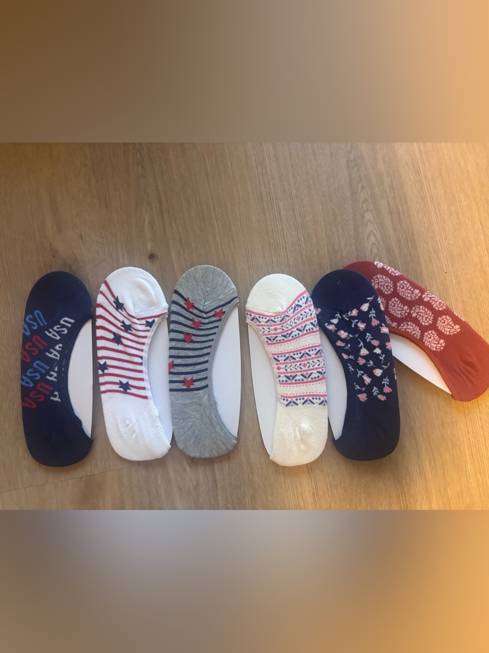 6 New Old Navy Liner-Socks Women's No-Show One Size USA Stars And Stripes Flower